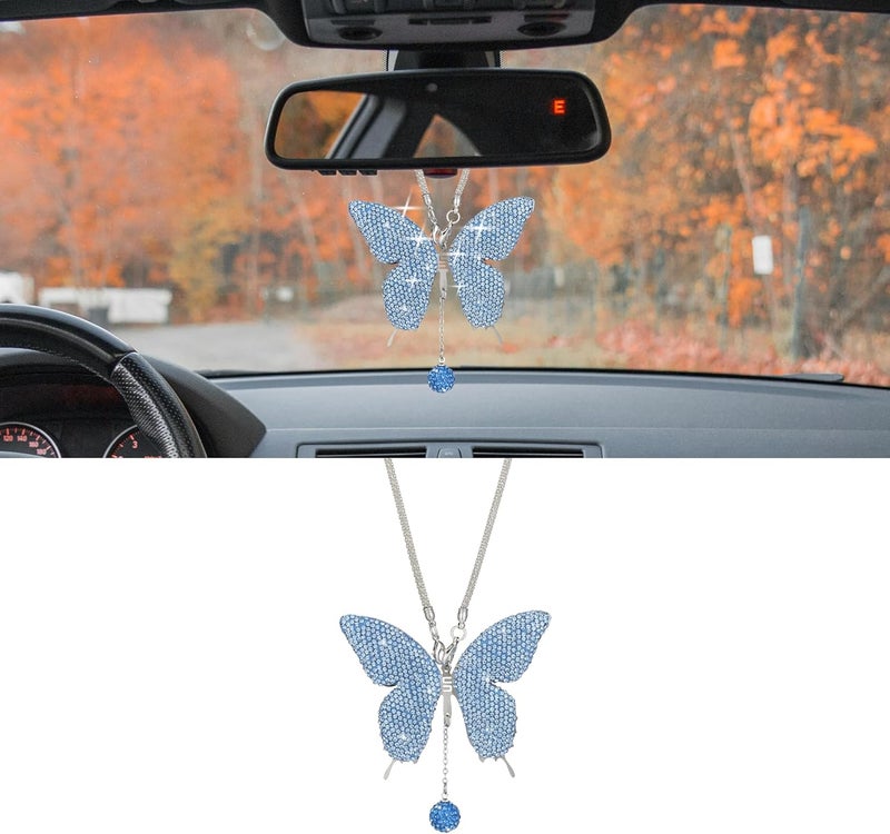 Couslcd Bling Butterfly Diamond Car Accessories, Crystal Car Rear View Mirror Charms for Women, Car Decoration Lucky Hanging Interior Crystal Ornament Pendant Decor for All Cars (Light Blue) - Image 1